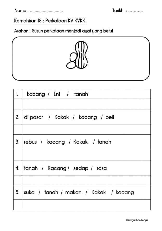 Latihan Susun Perkataan Menjadi Ayat Prasekolah 1