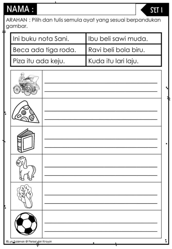Latihan Menulis Ayat Berpandukan Gambar Prasekolah