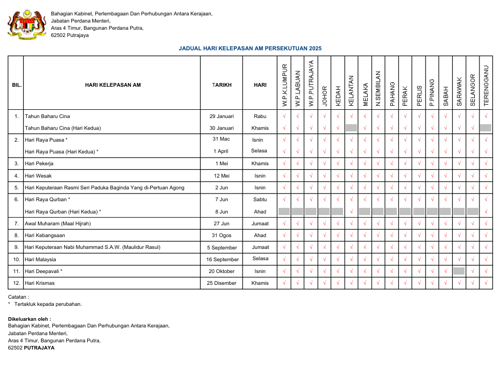 Jadual Hari Kelepasan AM 2025