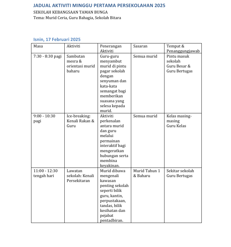 Contoh Jadual Minggu Pertama Persekolahan