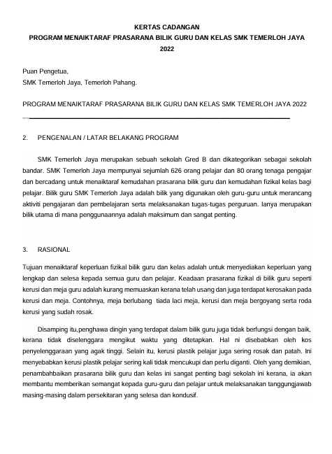 Contoh Kertas Cadangan Naik Taraf Bilik Guru