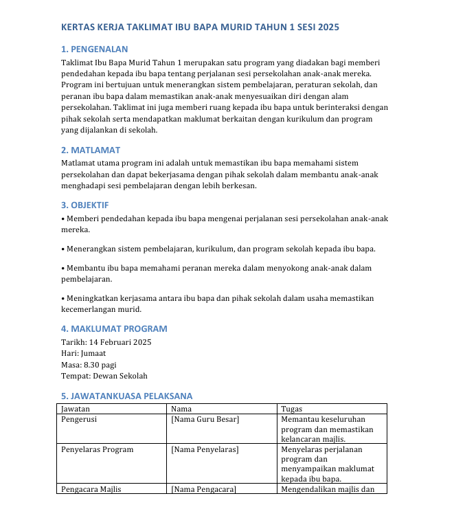 Kertas Kerja Taklimat Ibu Bapa Murid Tahun 1