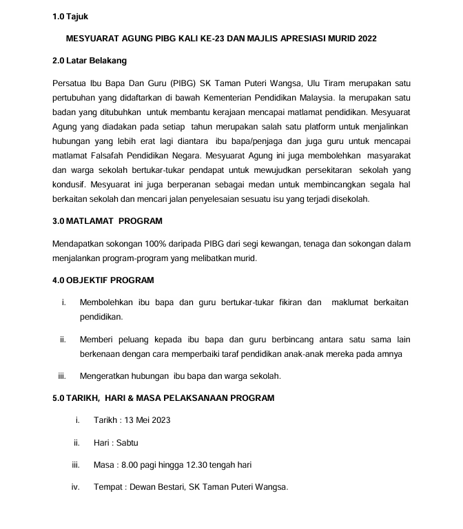 Contoh Kertas Kerja Mesyuarat Agung PIBG