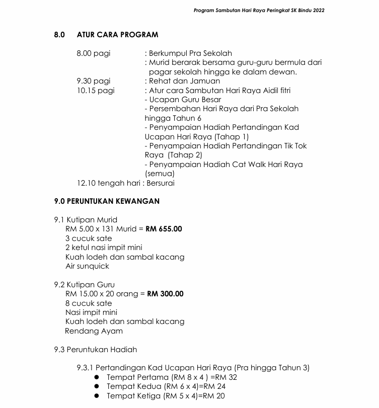 Kertas Kerja Sambutan Hari Raya Peringkat Sekolah
