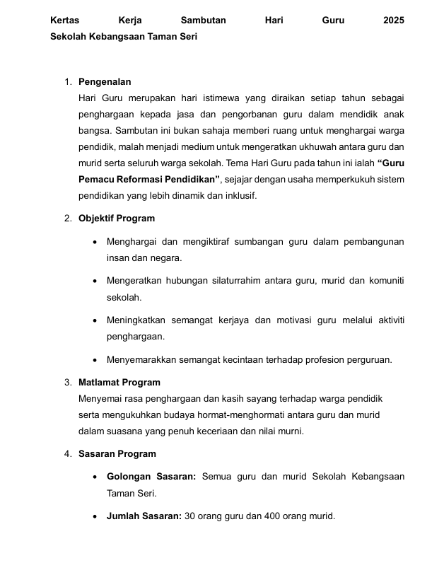 Contoh Kertas Kerja Sambutan Hari Guru