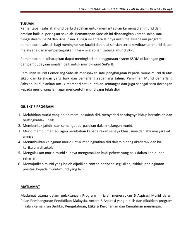 Contoh Kertas Kerja Program Sahsiah Murid Cemerlang