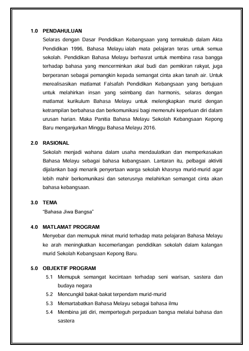 Contoh Kertas Kerja Minggu Bahasa Melayu