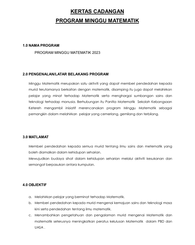 Contoh Kertas Kerja Minggu Matematik