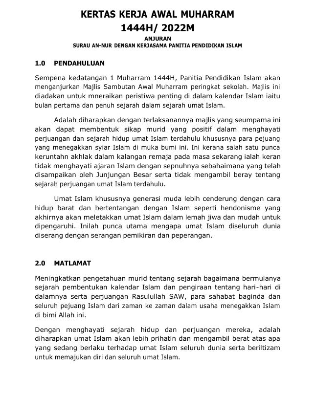 Contoh Kertas Kerja Awal Muharam