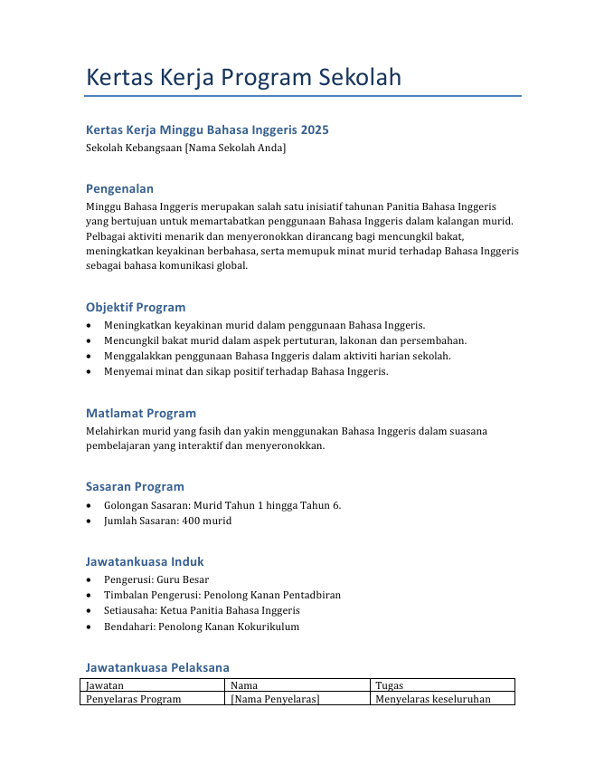Contoh Kertas Kerja Minggu Bahasa Inggeris