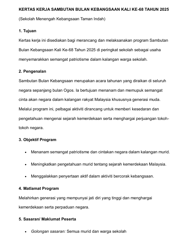 Contoh Kertas Kerja Sambutan Bulan Kebangsaan
