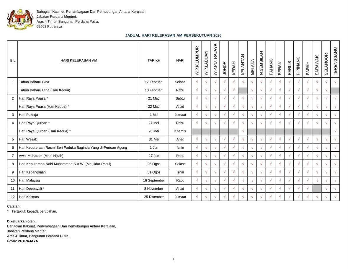 Jadual Hari Kelepasan AM 2026