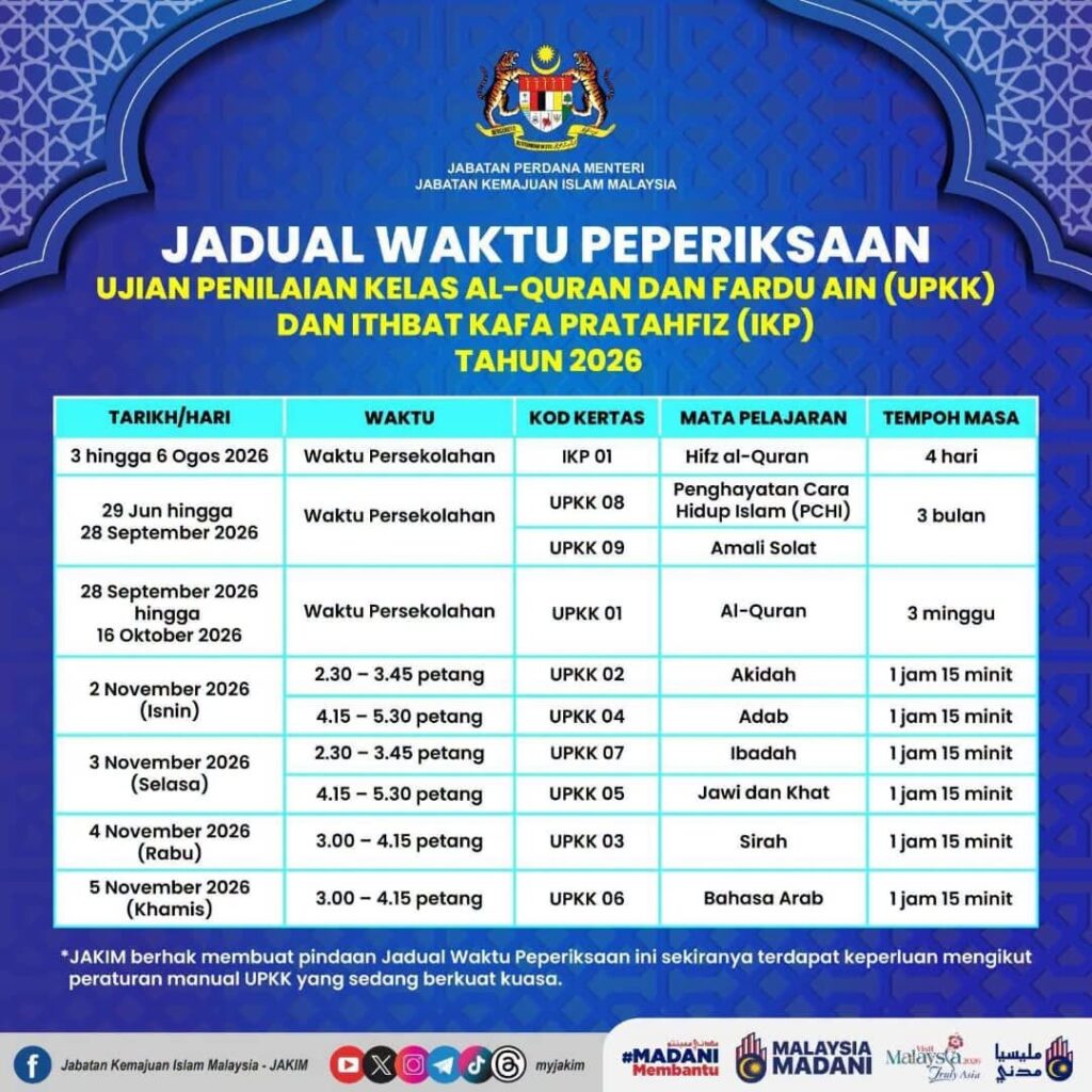 Jadual Waktu Peperiksaan UPKK Tahun 2026 