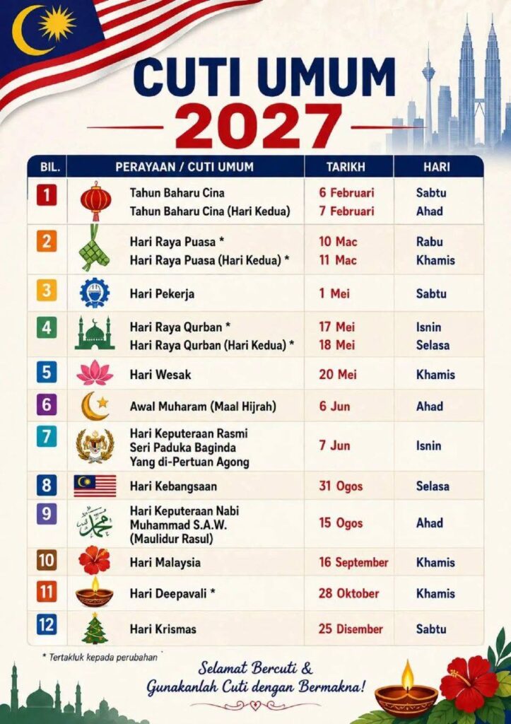 Kalendar Malaysia 2027 15 Cuti Hujung Minggu Panjang 2027
