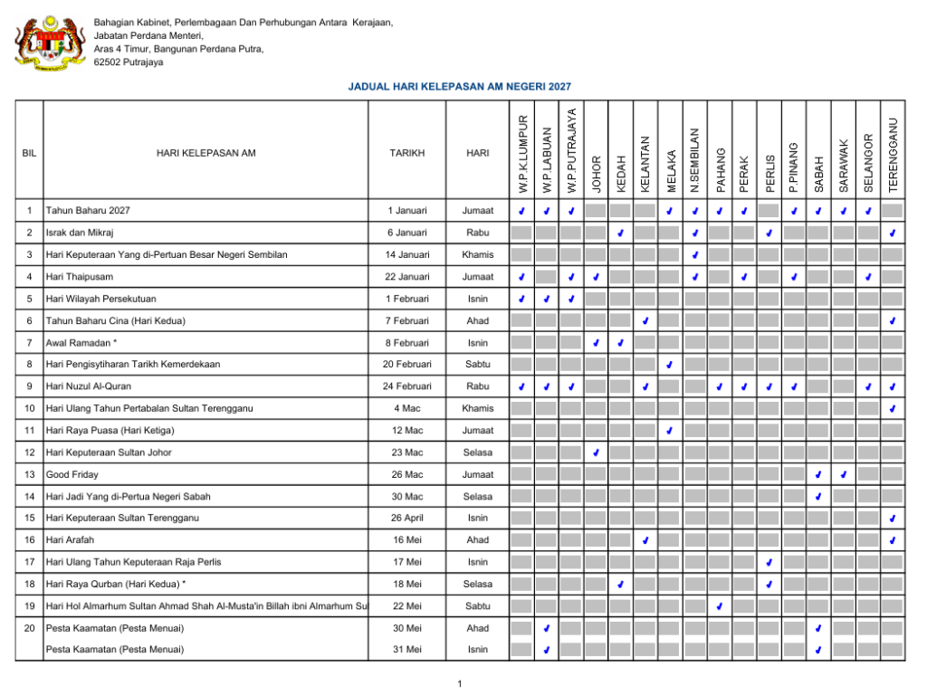 Jadual Hari Kelepasan AM 2027