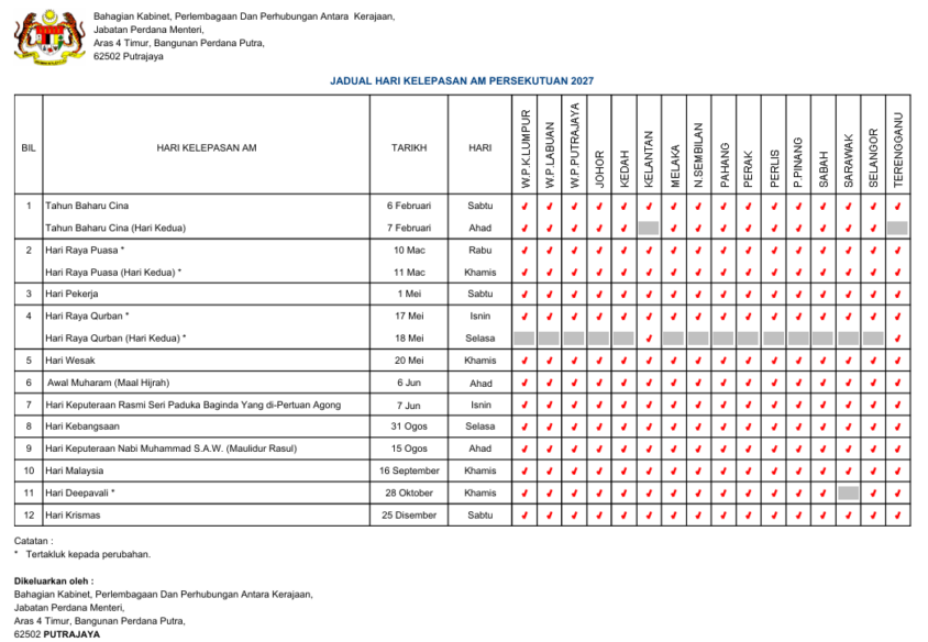 Jadual Hari Kelepasan AM 2027